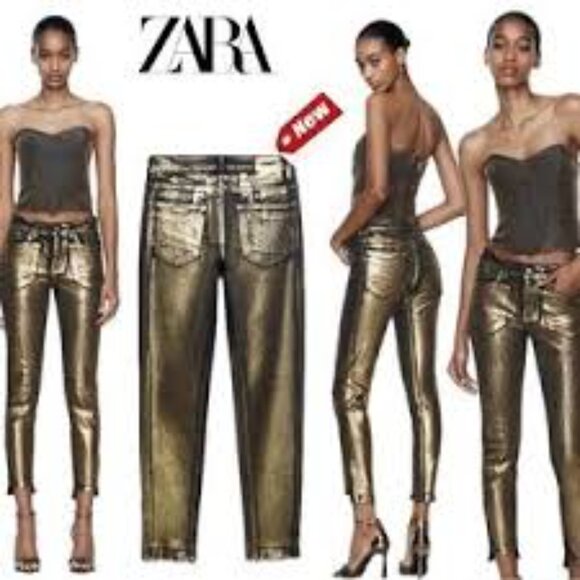 NWT! Zara Gold Metallic Liquid Foil Skinny Jeans - Size 4 | NWT Blogger Favorite - Picture 1 of 10